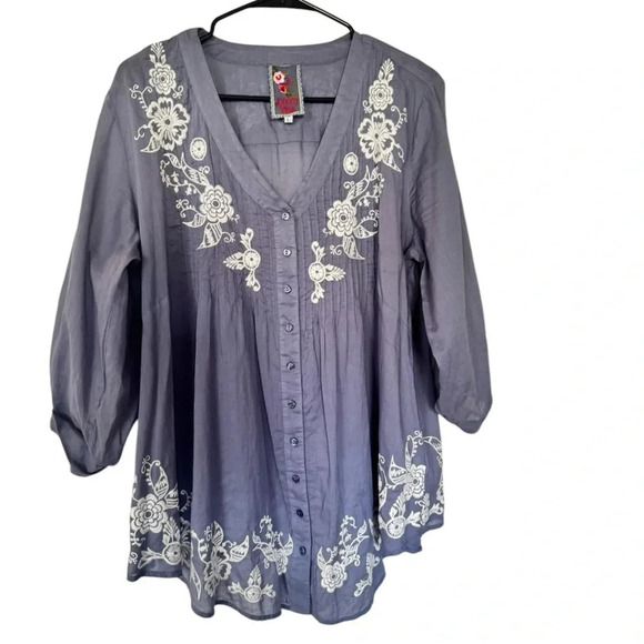 Johnny Was Tops - JOHNNY WAS White Embroidered Boho Cotton Top Size L